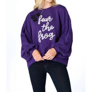 NEW STEWART SIMMONS fear the frog glitter script balloon sweatshirt in purple